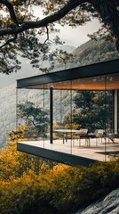 Fototapeta premium Stunning modern glass house perched in nature, surrounded by lush greenery and breathtaking mountainous views.
