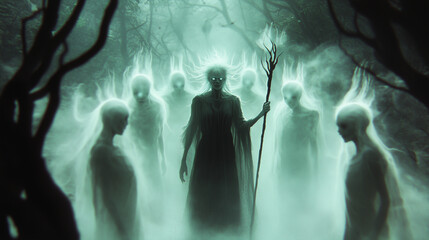 A dark, eerie scene featuring a sinister, skeletal figure holding a staff, surrounded by ghostly spirits in a foggy, haunted forest. 