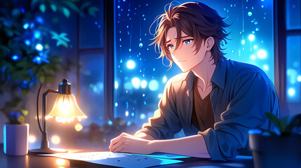 Depressed anime boy/girl sitting with slumped shoulders, looking down.