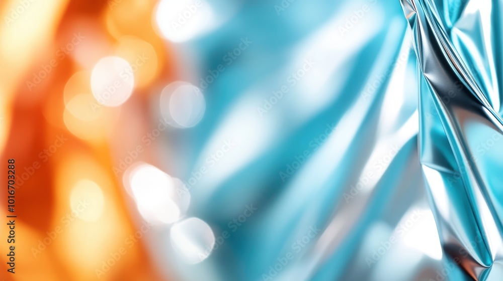 Poster an abstract composition with dynamic blue and orange gradient flows, featuring light reflections for