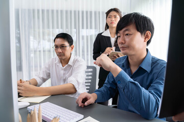 Group of diverse office worker employee working together on strategic business marketing planning in corporate office room. Positive teamwork in business workplace concept. Prudent