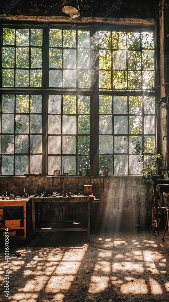 Poster sunlight filters through large windows, casting beautiful shadows in a rustic workshop filled with g