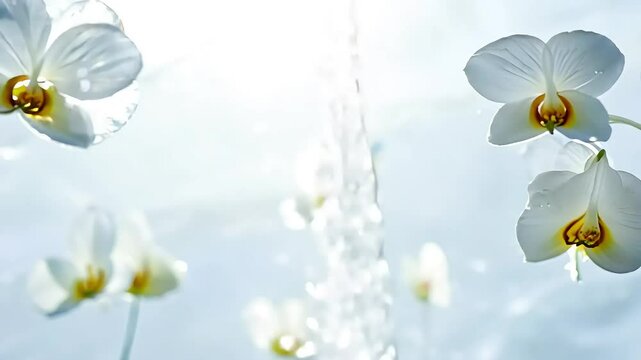 white orchid flowers gently floating water's surface complemented falling water drops creating waves pure reflections sunlight shadows perfect