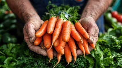 A farmer proudly holding a fresh bunch of carrots in a rustic marketplace, surrounded by lush greens, exemplifying organic produce and agricultural livelihood.