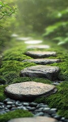 Naklejka premium Tranquil pathway with stepping stones surrounded by lush green moss and gentle light, inviting nature retreat.