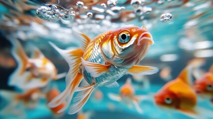 Naklejka premium A goldfish gracefully swims below the water surface with bubbles, its scales reflecting light, while other fish add life and movement to this aquatic scene.