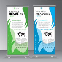 roll up banner template design for business, modern x-banner with blue and green and standees banner advertising. Vertical banner with wave shape, Vector template illustration