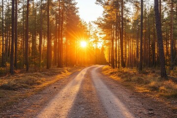 Stunning autumn forest at sunset with a country road. Colorful landscape with trees, road, orange, red leaves, sun. Travel. Autumn background.
