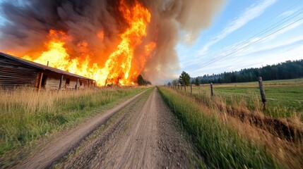 A fierce forest fire engulfs a rural area, its intense flames consuming buildings and landscapes, emphasizing nature’s wrath and the urgent need for environmental care.