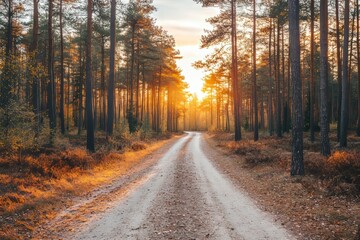 Fototapeta premium An autumn forest with a country road at sunset. The landscape is filled with trees, a rural road, orange and red leaves, and the sun. A gorgeous autumn scene.