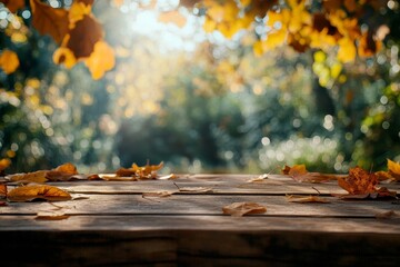 Autumn leaves bokeh background over wood deck in multi-color