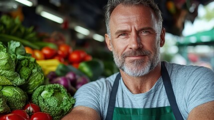 Fototapeta premium A bearded man wearing a green apron stands confidently at his market stall, surrounded by an assortment of fresh organic vegetables, demonstrating pride in his produce.
