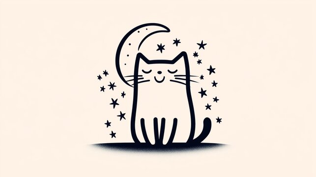 Simple black and white illustration of a cat with a crescent moon and stars in the background. The cat is sitting with a content expression.