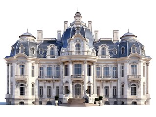 Fototapeta premium Majestic Palatial Estate with Sprawling Wings and Ornate Central Dome on White Background