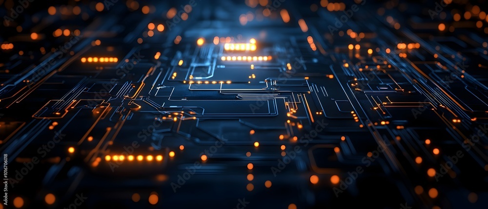 Poster Glowing circuit patterns on a dark background symbolizing the interconnectedness and dynamism of modern technology and innovation  The sleek