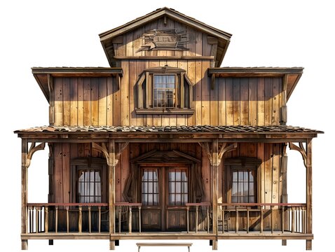 Rustic Western Style Saloon with Wooden Facade and Swinging Doors on White Background