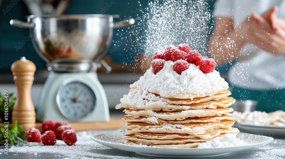Poster a stack of golden pancakes topped with fresh raspberries and a generous dusting of powdered sugar, s