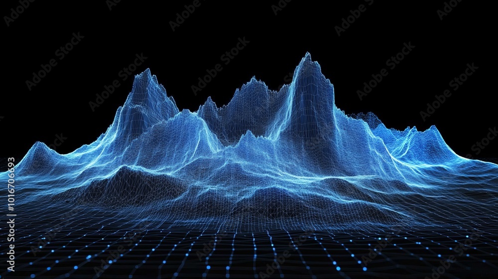Poster background with digital particles and plexus geometric effect. particles with musical wave. low poly