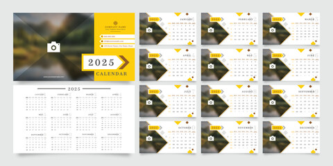 2025 calendar planner templates with monthly pages, a customizable cover for a photo and company logo, and a vector layout for wall or desk use. Weeks start on Monday, ready for print.