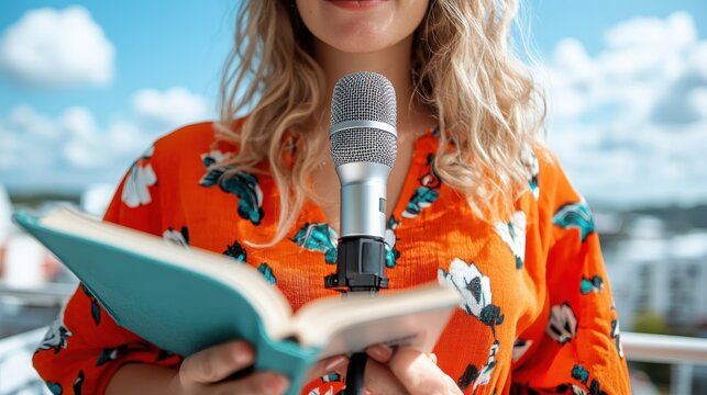 A lady stands outdoors wearing a vibrant floral dress and holds a microphone while reading from a book, under a clear blue sky, evoking artistic expression and serenity.