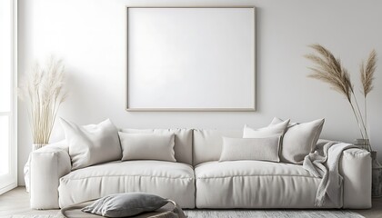 White sofa in modern living room with blank poster on wall, poster mockup