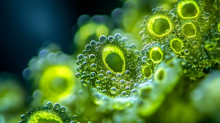 Close-up of algae colonies under a biological microscope, with intricate patterns and glowing greens.