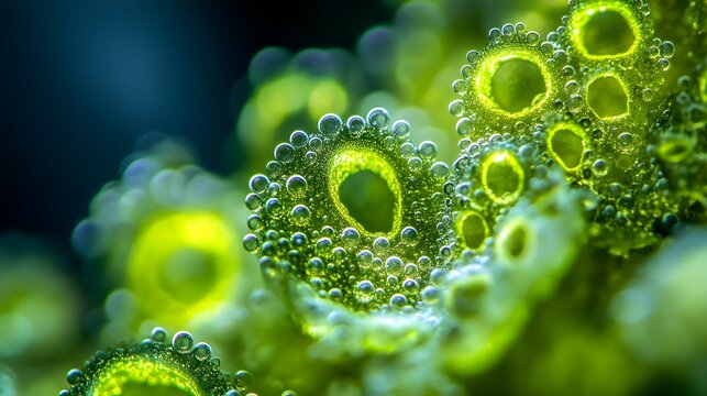 Close-up of algae colonies under a biological microscope, with intricate patterns and glowing greens.