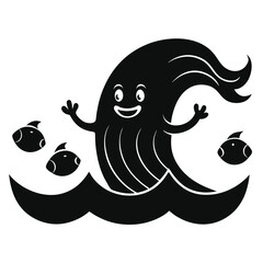 octopus and fish Seafood vector illustrations. Hand drawn line sea fishes, oysters, lobster, squid, octopus, crabs, prawns, fish fillet. Laminaria and wakame seaweeds. Healthy food natural set