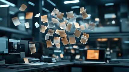 Modern office with floating notes and documents amidst computers and desks, reflecting a dynamic, possibly digital or administrative workspace.