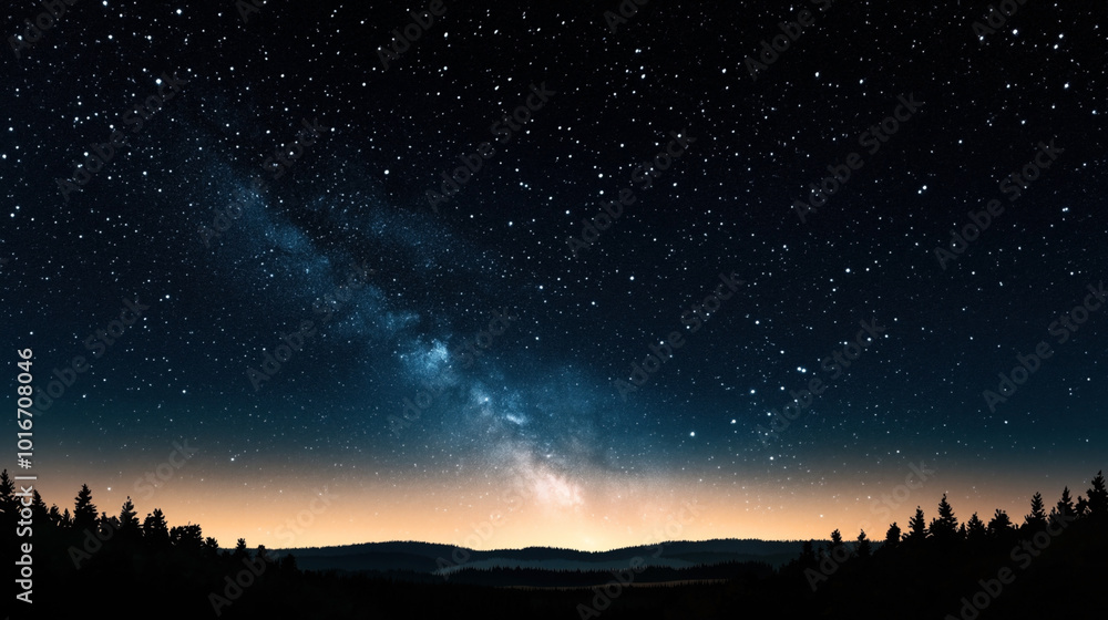 Wall mural night sky with a dense array of stars and a visible milky way galaxy over a silhouette of a forest a