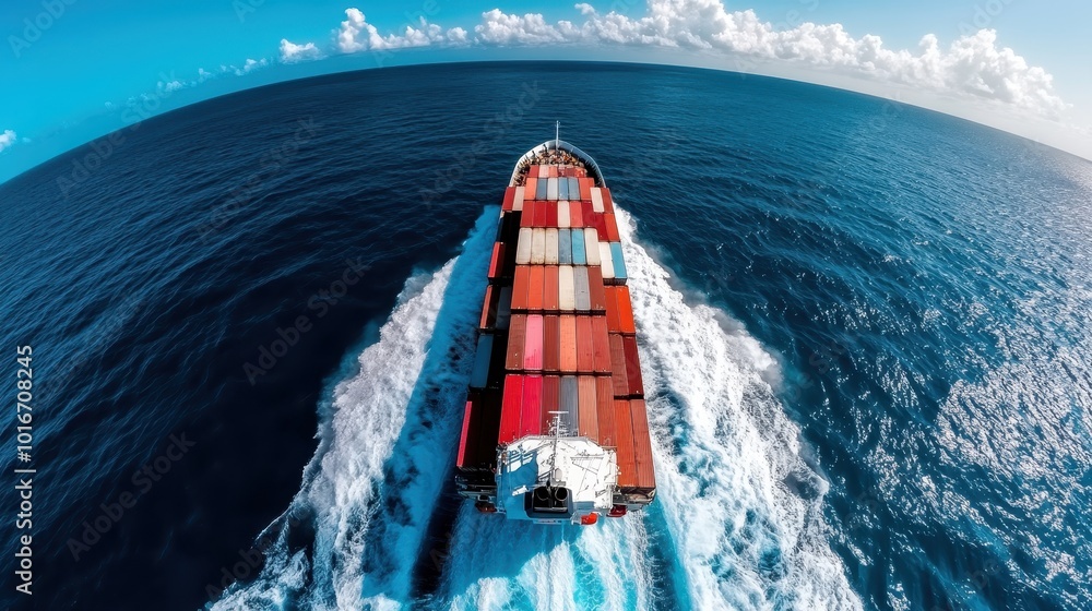 Poster the image captures a cargo ship full of containers cutting through the endless, deep blue ocean, its