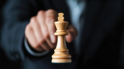 A hand presenting a wooden chess king piece, symbolizing strategy, leadership, and decision-making in business
