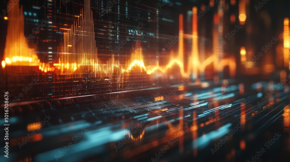 Poster abstract digital visualization of sound waves and data patterns.