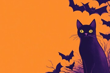 Spooky Halloween featuring bats and black cats scattered along the edges of the frame with a large blank space in the middle for text overlay set against a bright orange and purple color scheme