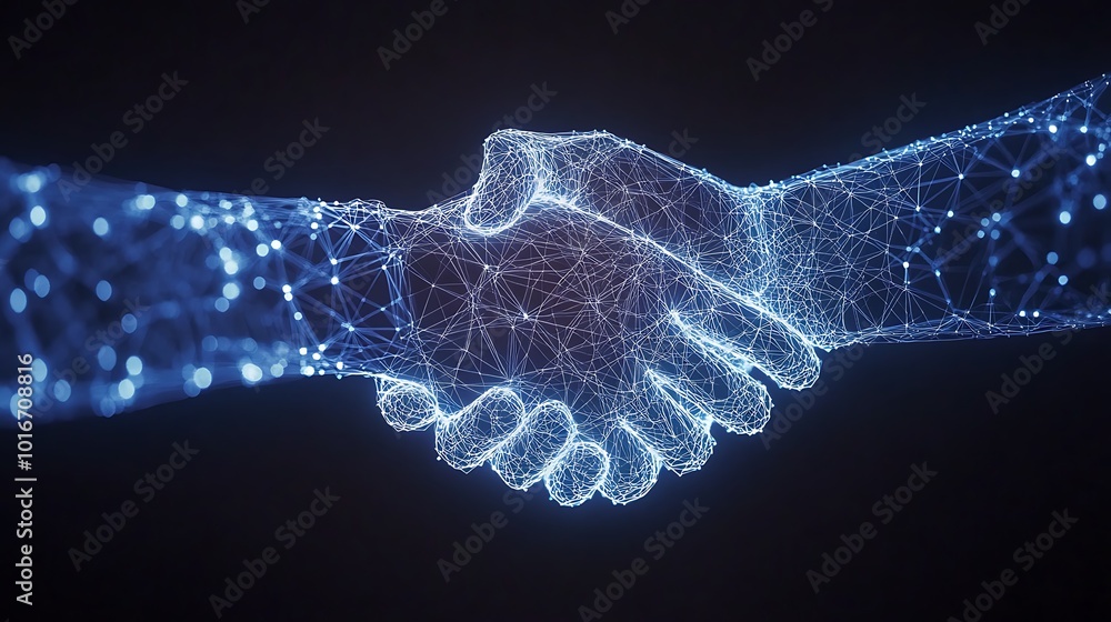 Poster digital connection represented by hands shaking in a network of technology and innovation