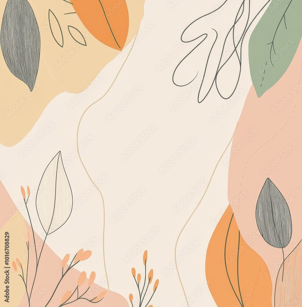 Poster a set of abstract square backgrounds featuring autumn elements, shapes, and plants in a minimalistic