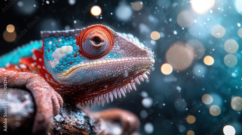 Poster a close-up image of a chameleon with intensely colorful scales, displaying its natural habitat on a 