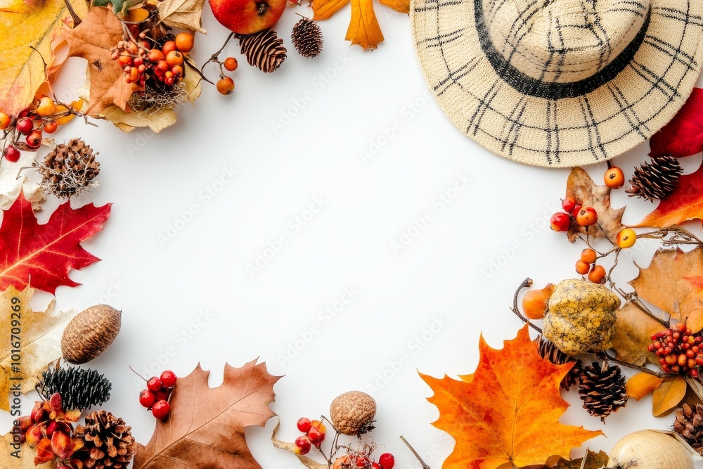 Poster In this autumn composition, we see dried leaves, pumpkins, flowers, and rowan berries on a white background, with a copy space and flat lay.