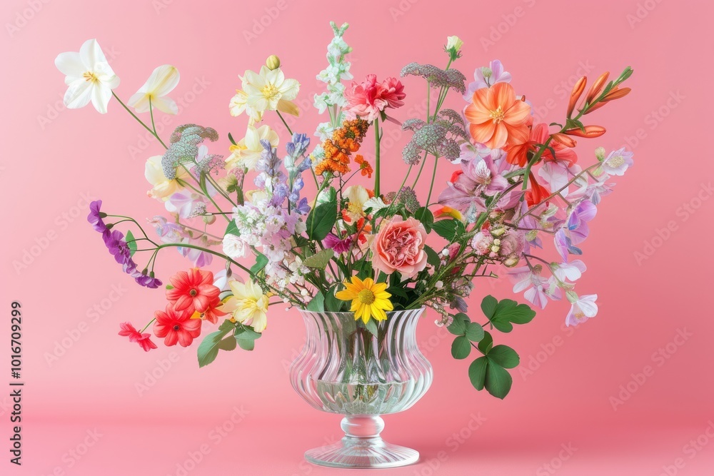 Sticker Flowers glass vase with various pastel colors flower plant pink.