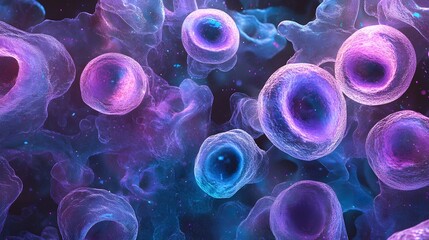 A detailed view of stem cells under a biological microscope, illuminated in bright purples and blues.