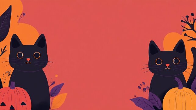 Whimsical black cat and pumpkin Halloween with bold orange and purple background featuring cartoon style silhouettes scattered along the borders and ample blank space for text overlay