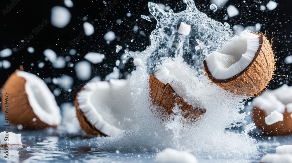 Poster An energetic scene showcasing coconut fragments exploding with dynamic water splashes, representing vitality and invigoration, captured with artistic fluidity and motion.