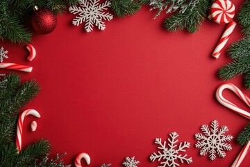 Vibrant Christmas wallpaper design featuring scattered snowflakes and candy canes along the borders in festive red and green tones