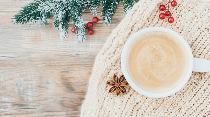 Cozy Winter Scene with Warm Coffee and Festive Decorations for a Relaxing Atmosphere