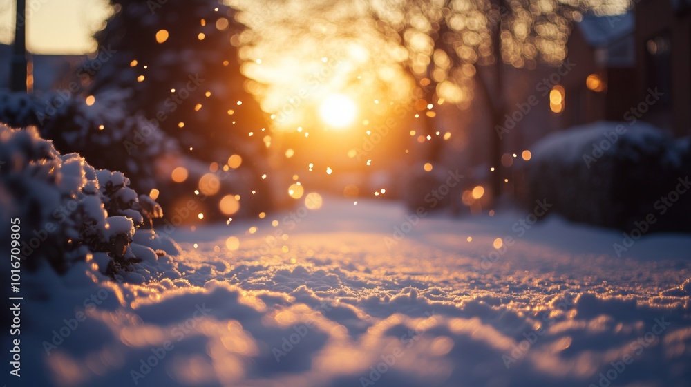 Poster a snowy landscape captures sunlight reflecting off floating snowflakes creating a serene and gleamin