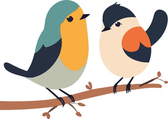 Cute flat vector illustration on white background. Two cute birds sitting on a branch
