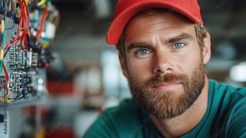 Poster a focused male technician in a red cap examines electronic circuits in a workshop setting, highlight