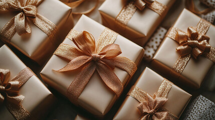 Champagne-colored gifts with luxurious satin bows