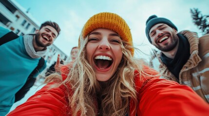 A joyful group of friends in winter attire captures a selfie outdoors, showcasing their happiness and togetherness, with snowy backgrounds enhancing their smiles.