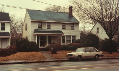 A white two-story house with a porch, a car parked in front, and a tree in the background.